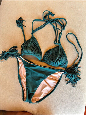 PQ Swim Isla Macrame Triangle Bikini Top & Tie Side Bottom in Green